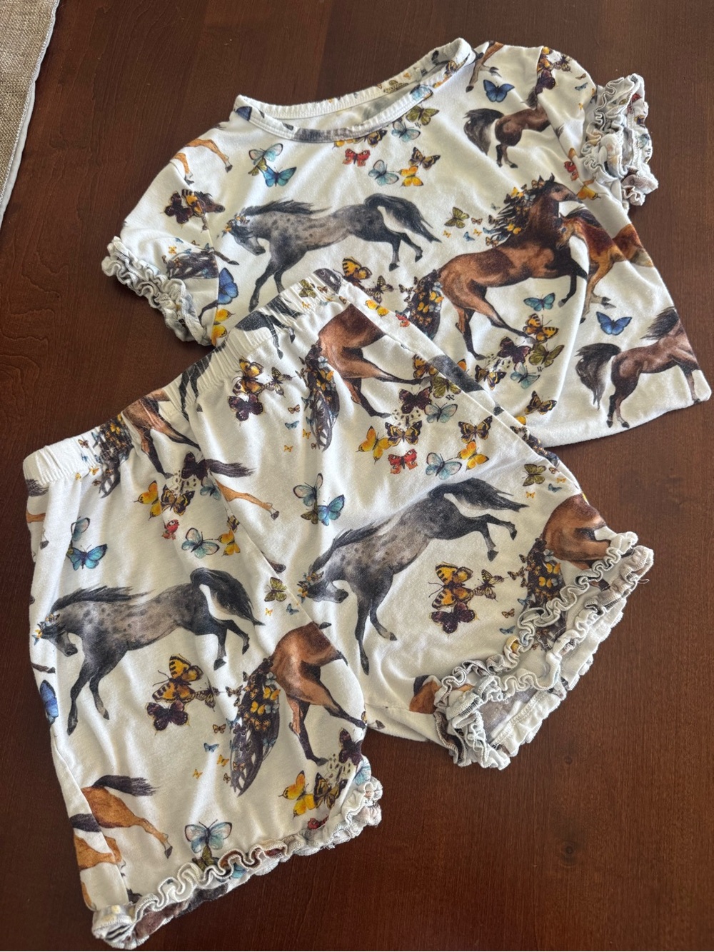 Posh Peanut White Horse & Butterfly Pajama Set with Brown and Gray Accents